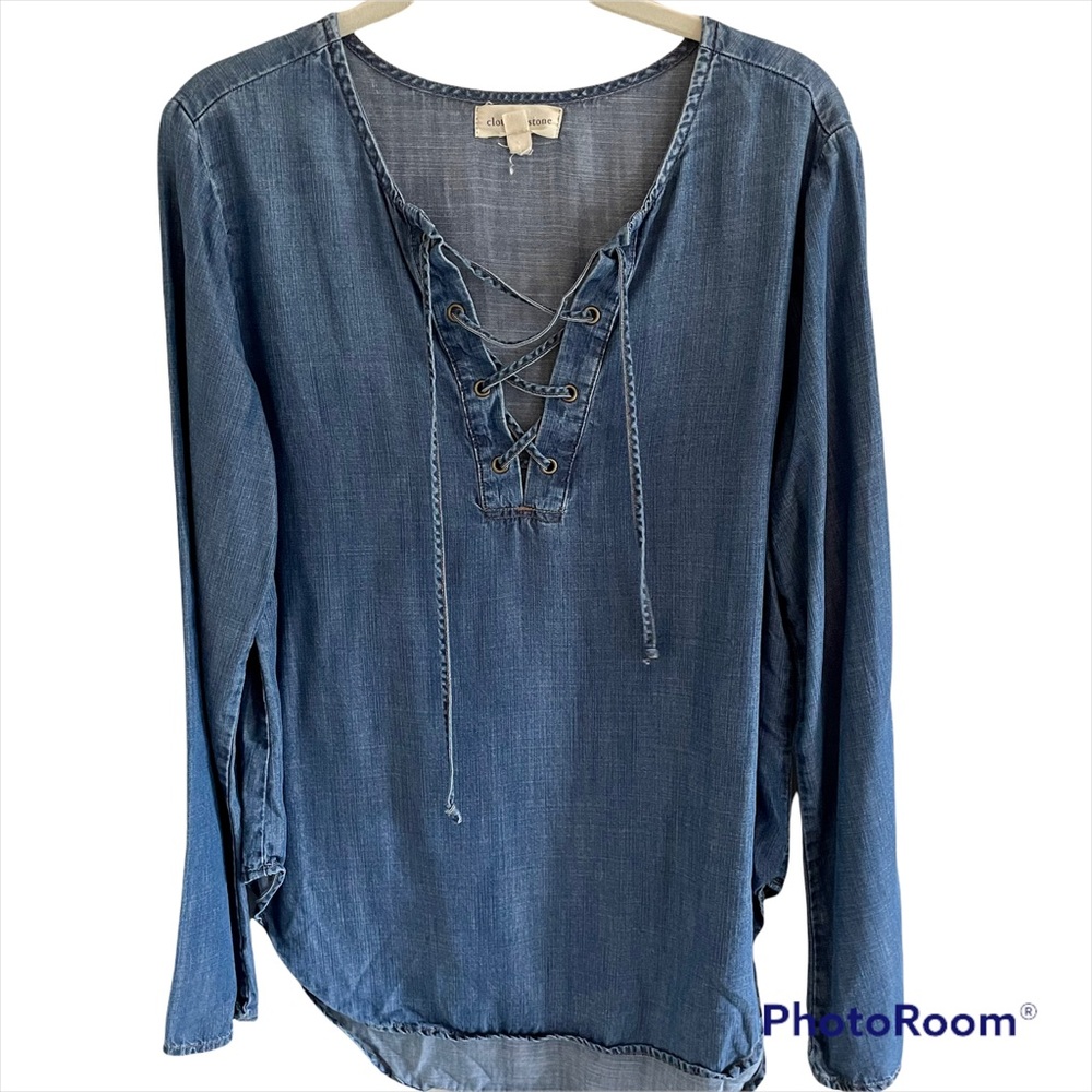 Anthropologie Cloth & Stone Dark Blue Chambray Lace Up Tunic Top M